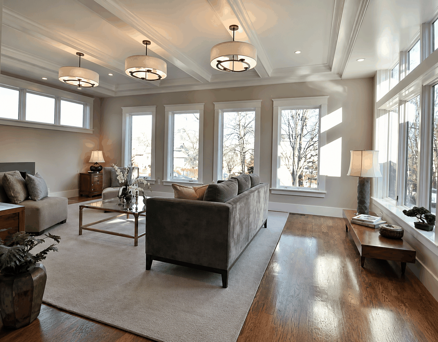 Bright remodeled living room with custom trim, large windows, and detailed ceiling work
